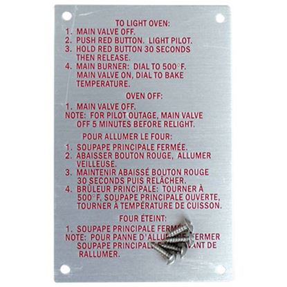 Picture of Instruction Plate for Blodgett Part# 20326